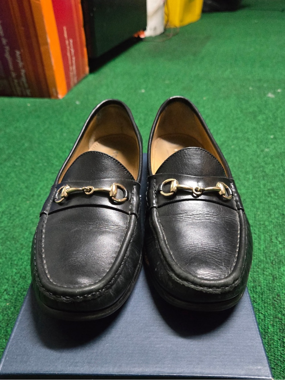 Cole Haan Black Leather Loafers with Gold Horsebit Hardware